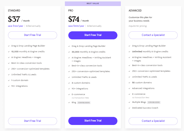 pricing page